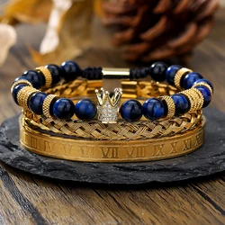 Vintage Crown Black Agate Tigereye Stone Woven Bracelet Roman Numerals Stainless Steel Non-Fading Light Luxury Bracelet for Men