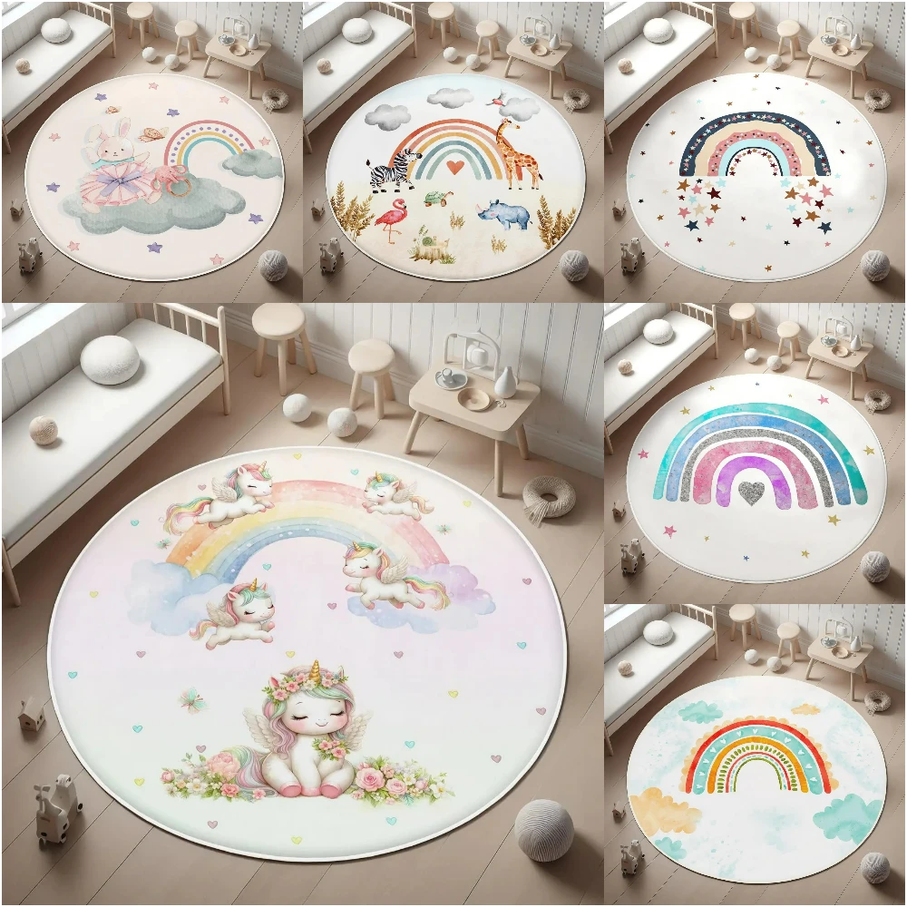 

Soft Rainbow Kids Playroom Round Rug for Children Nursery Soft Carpet NonSlip Living Room Decor Playful Rug for Child Bedroom