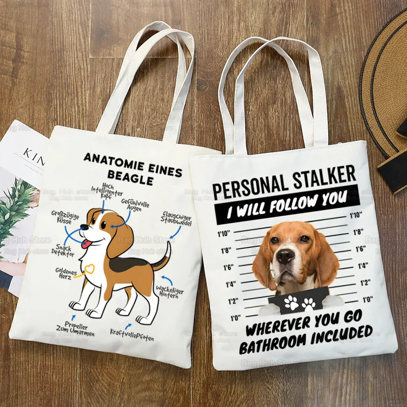 Bolsa de lona Beagle Cartoon para mulheres, Ulzzang Shopper Bag, Dog Print, sacola fofa, bolsas de ombro Harajuku