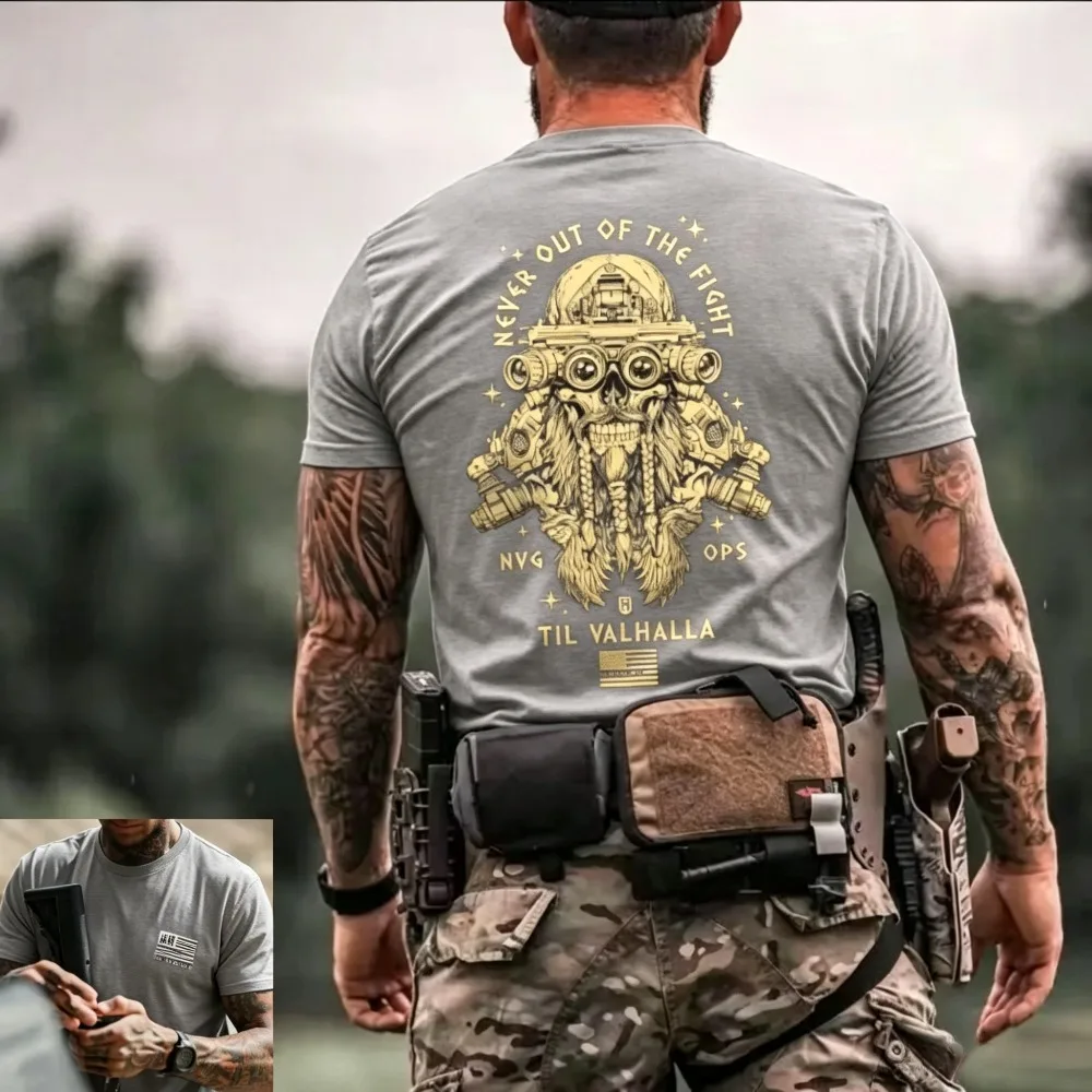 2026 New Tactical Military Double-sided Print T-shirt for Men, Skull NVG Graphic With Til Valhalla Slogan