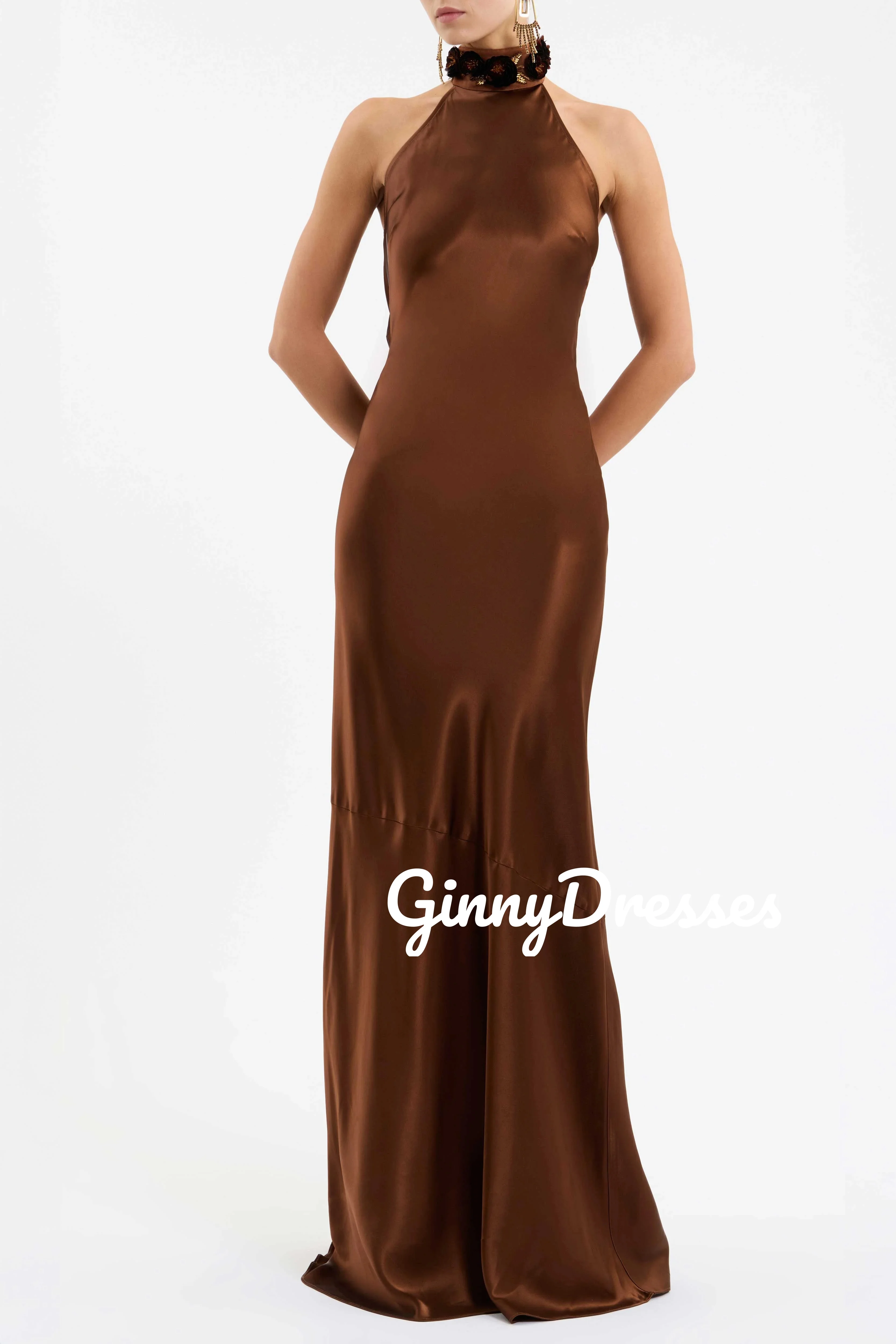 

Evening Dresses Halter Prom Dresses Sleeveless Customize Dresses For Special Events Floor-Length Satin Formal Dresses