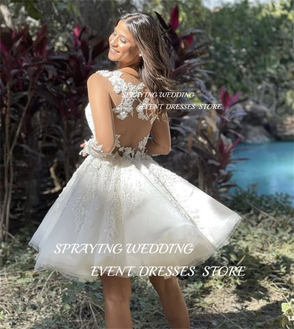 SPRAYING Women Sexy A-line Tulle Bridal Gown V-Neck Lace Wedding Dress Mini Short Pleat Above the knee Robe De Soiree 2024