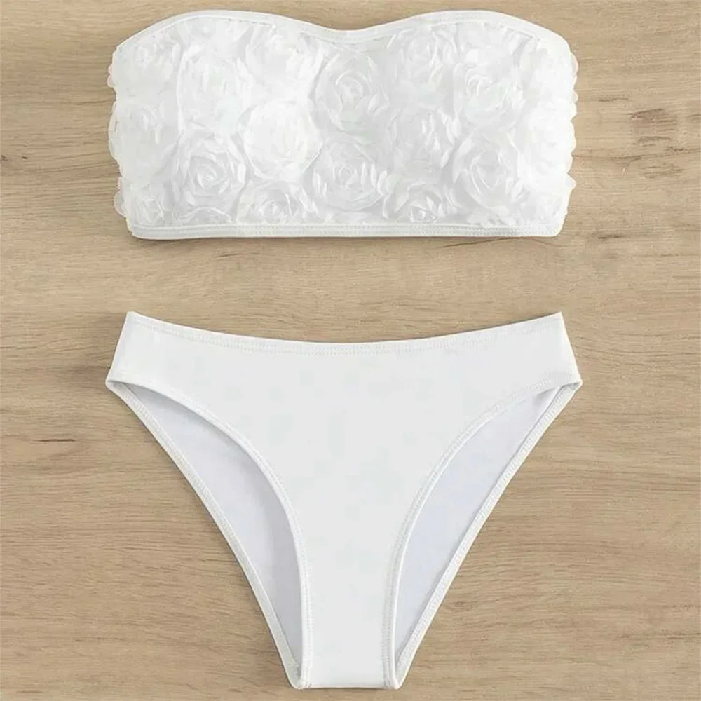 

Sexy Flowers Bikini White Y2K Bandeau Swimsuit Push Up Bathing Suit 3D Floral Swimwear Women Highwaist Beach Set Vacation Outfit
