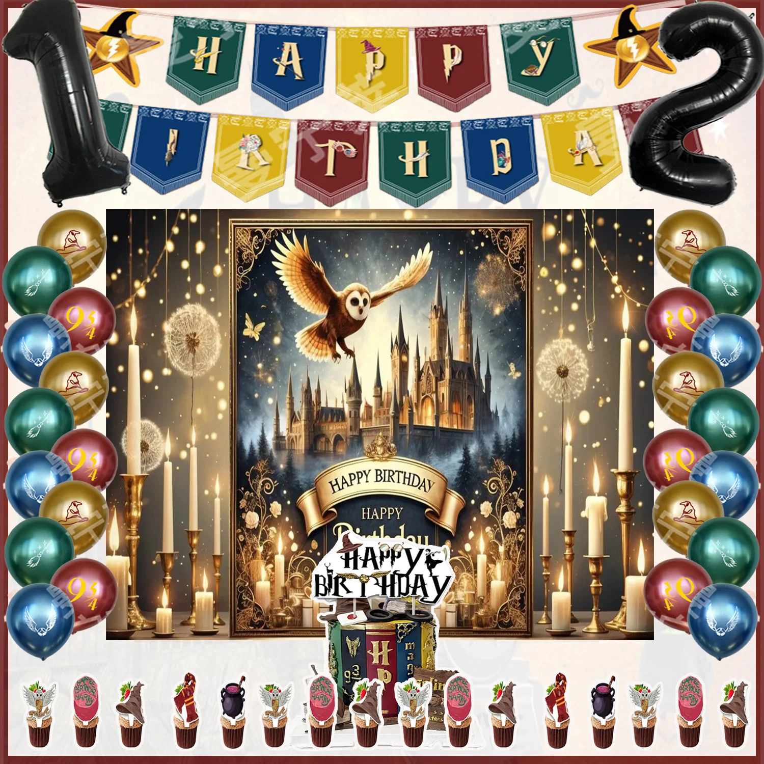 Cartoon Magic Academy Themen-Geburtstagsparty-Dekorationen Harry&Potter Banner Ballons Cupcake-Topper Hintergrund Kinderparty-Zubehör