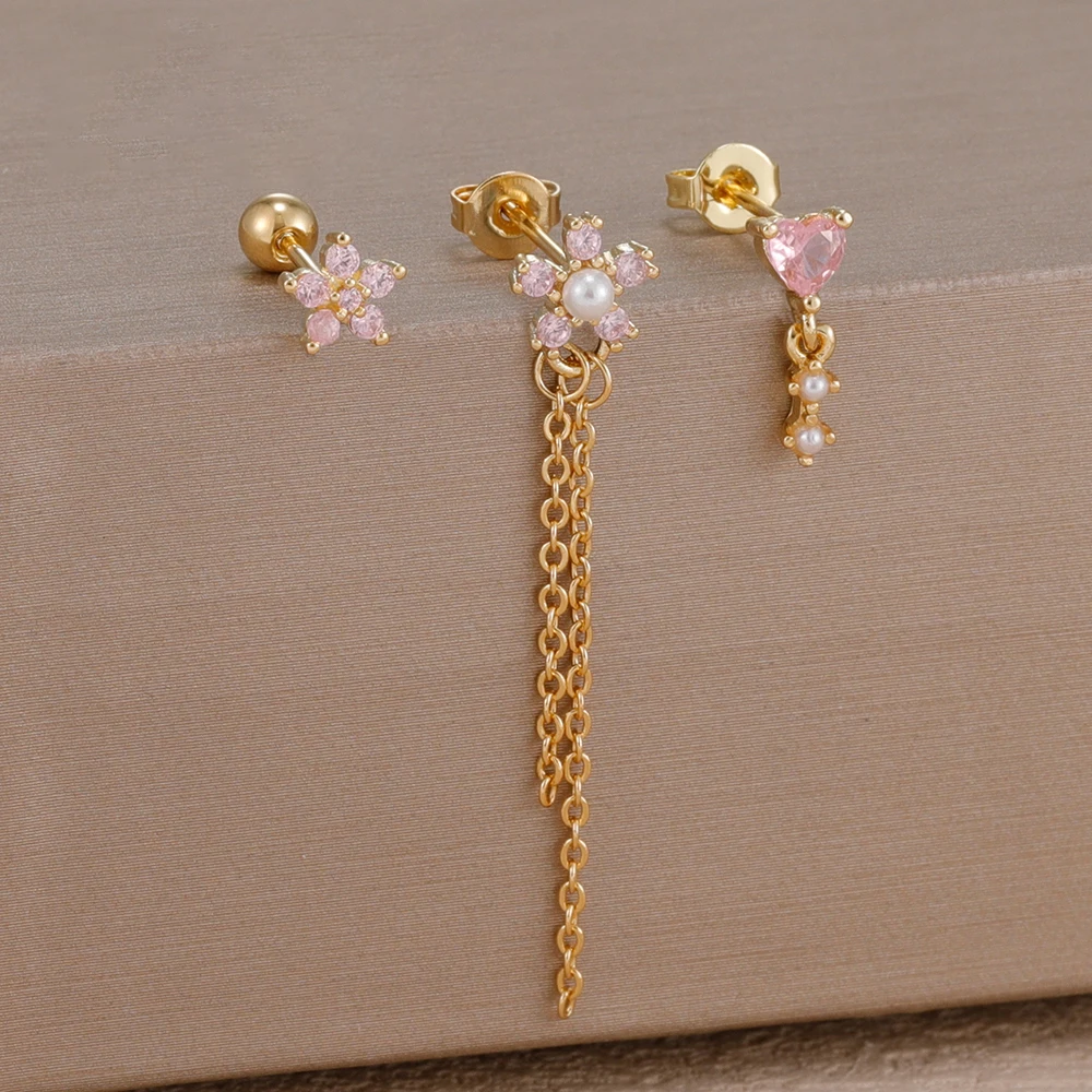 3PCS Stainless Steel Pink Zircon Flower Tassel Piercing Earrings Set For Women Heart-shaped Pendant Hoop Earings Wedding Jewelry