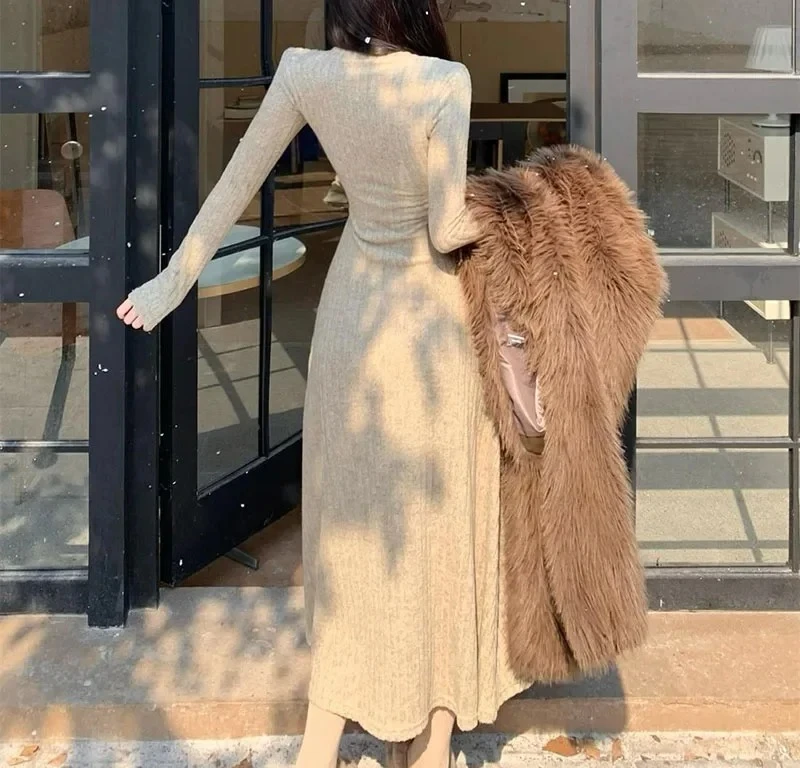 أنيقة ضئيلة عالية الخصر فساتين متماسكة النساء الخريف الشتاء طويلة الأكمام سميكة الدافئة فستان طويل خمر الشارع الشهير Vestidos #2