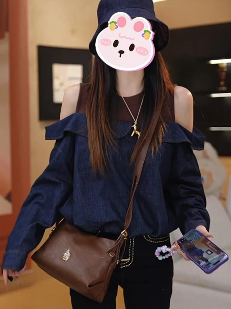 Casual oulder Bared Patchwork Design Sweatirt Women's Faionable Loose Fit Autumn New Sle Age Reducing Versatile Top