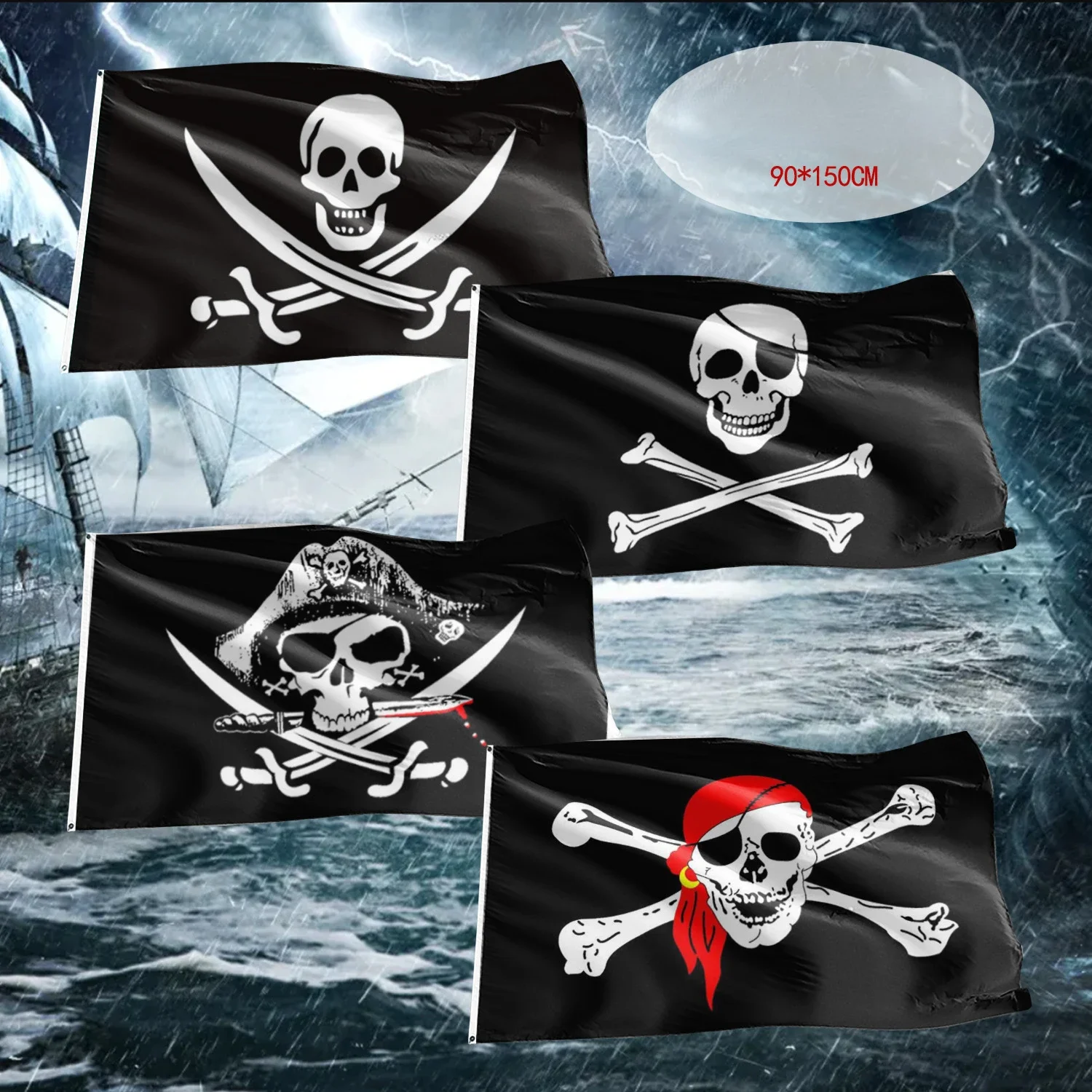 90*150cm Pirate Banner Pirate Theme Birthday Party Decorations Pirate Ship Skull Pennant Flags for Halloween Party Decor Cosplay