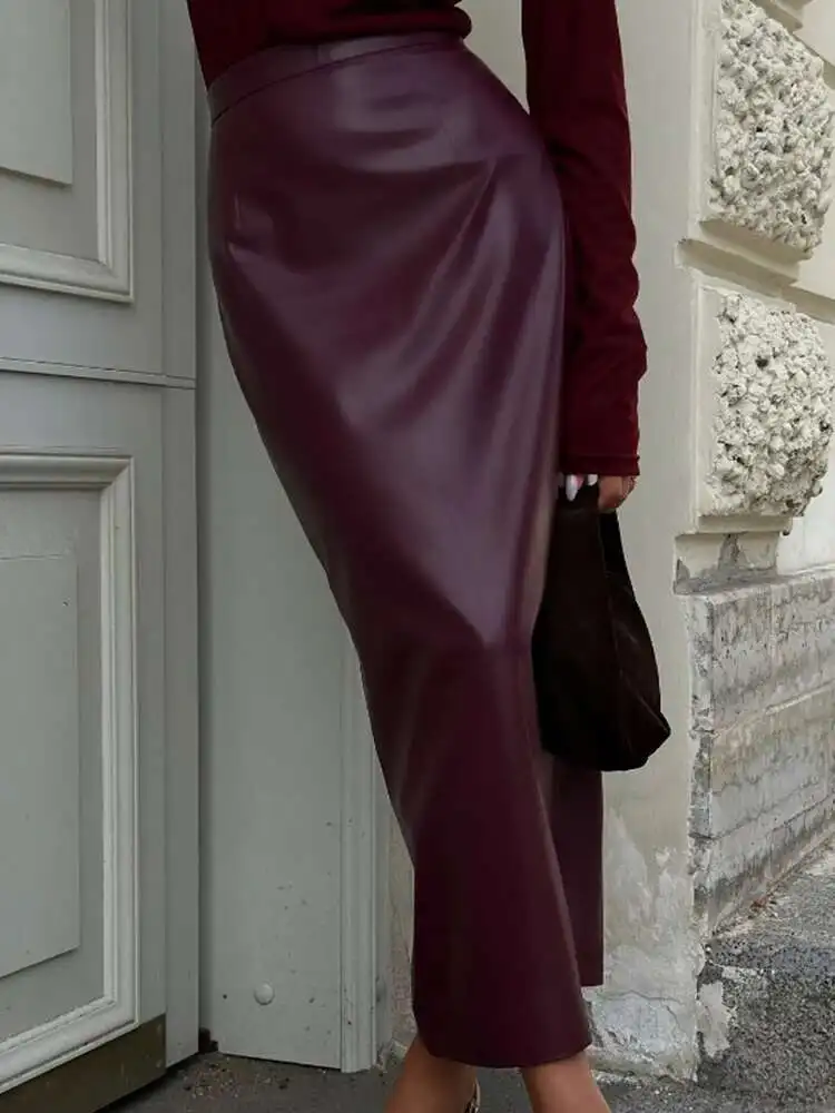 Women Elegant Burgundy Skirt High Waist Slim Fashion Slit Long Skirts Female Party Slim Club Sexy Vintage PU Skirts red WQR8