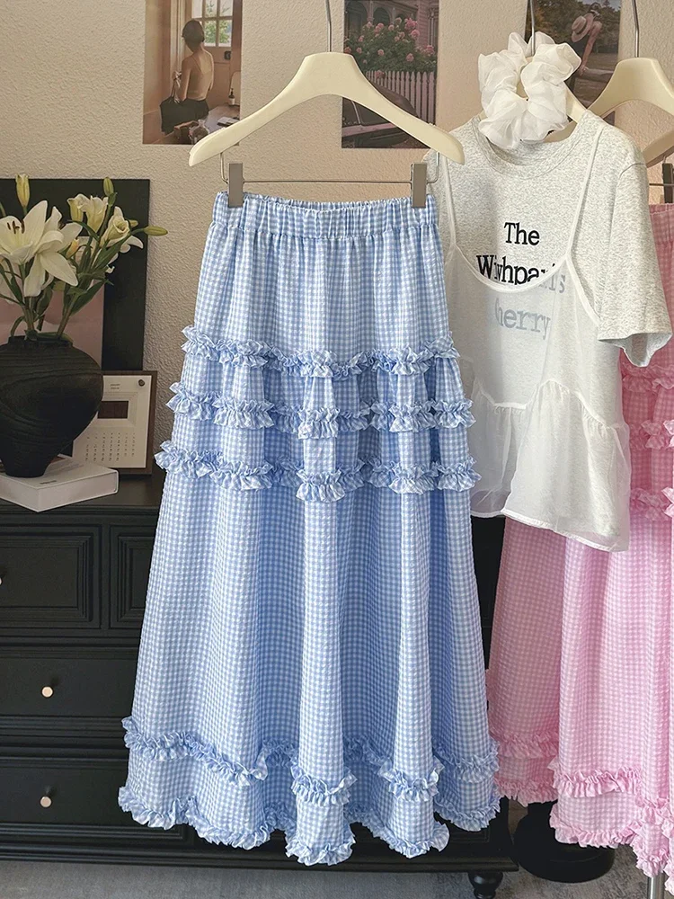 

Korean Style Plaid Skirt For Women 2025 Summer New Sweet High-waisted Long Skirts Fashionable Casual Cake Skirt