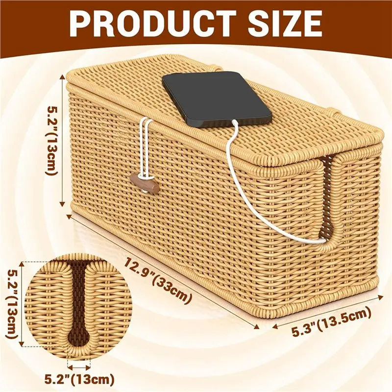 B84B Cable Management Box, 2-Pack Power Strip Organizer with Locked Cover, Handmade Rattan Cord Hider for Desk, Khaki
