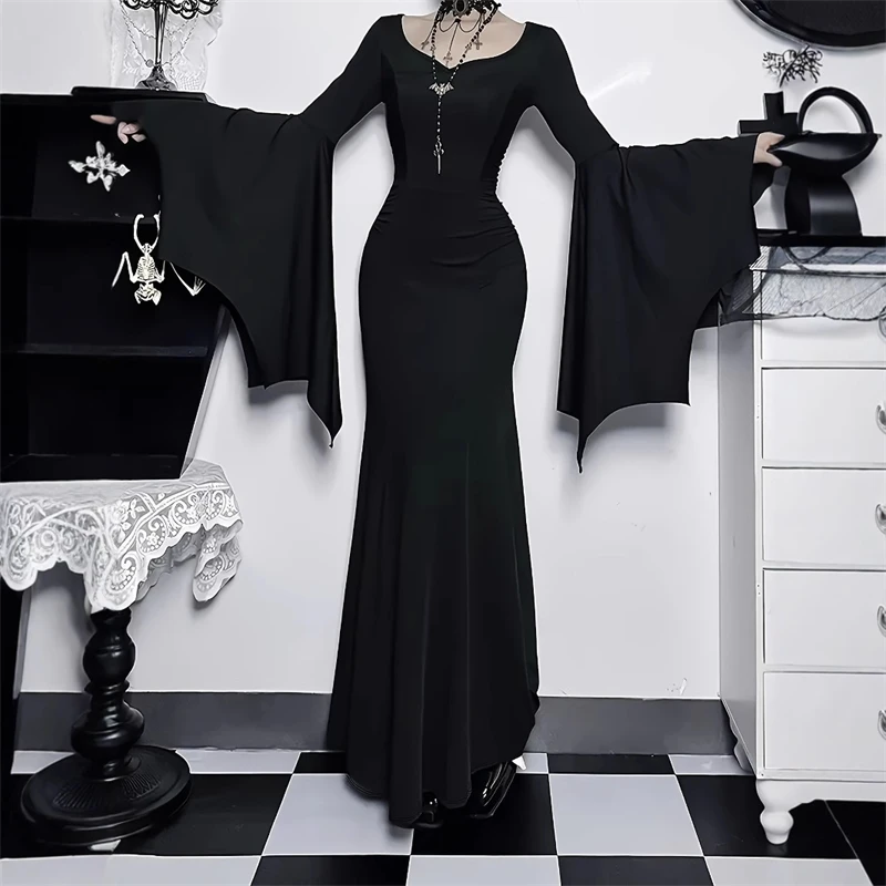 القوطية حزب فستان طويل ريترو عالية الخصر الدانتيل انقطاع متوهج كم الظلام خمر ماكسي ثوب للنساء هالوين تأثيري مخيف