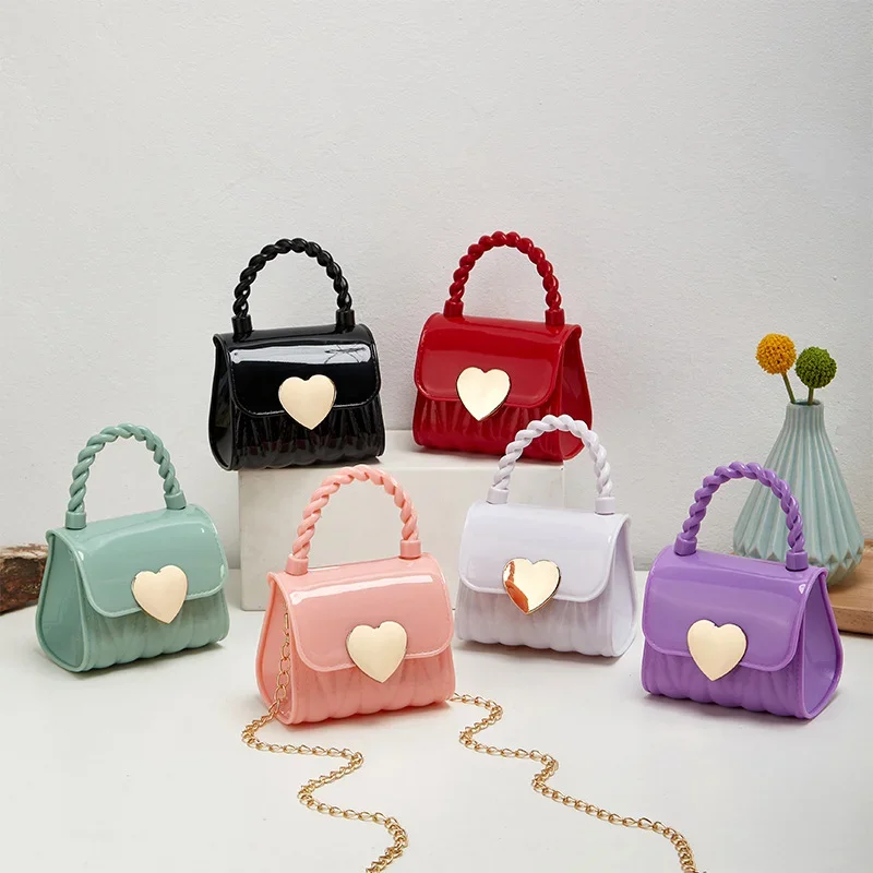 Kinderen Pvc Crossbody Portemonnee Kind Mode Mini Handtassen Mooie Hart Patroon Decoratie Handtas Kleine Ketting Jelly Bag Voor Meisje