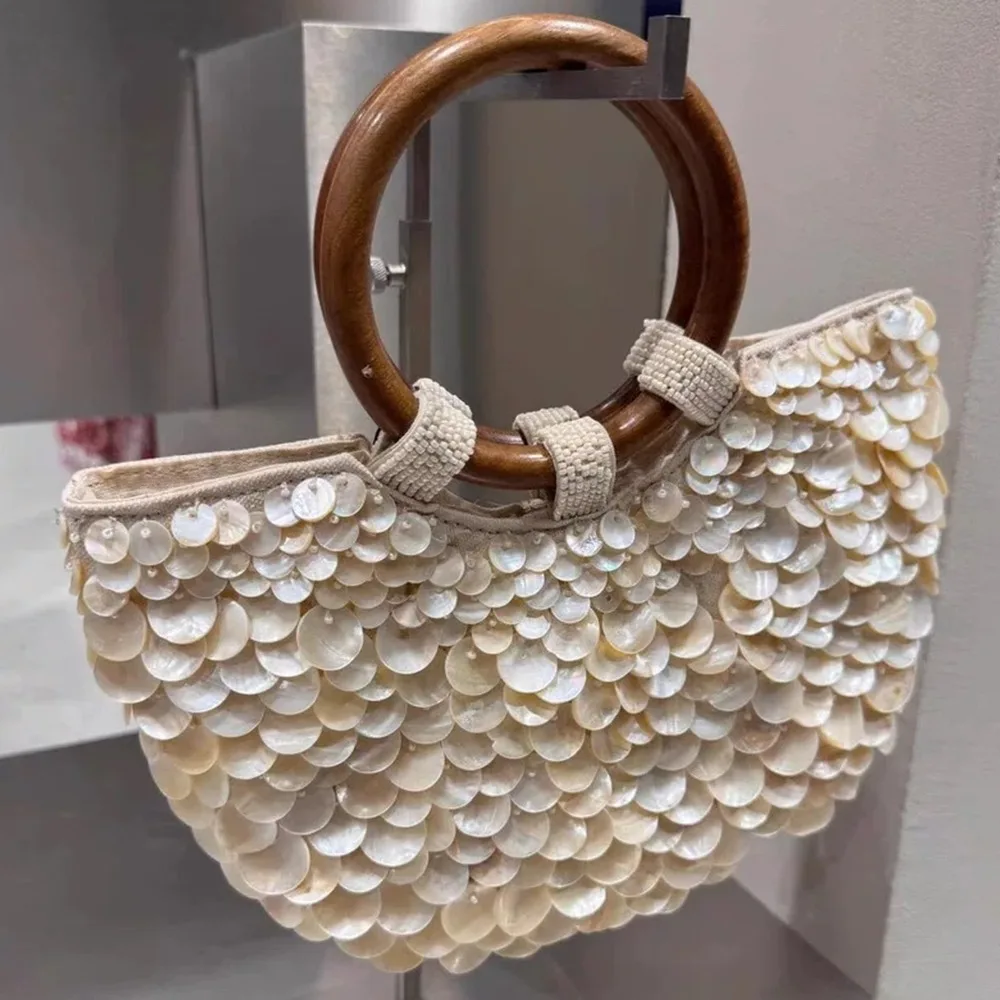 NEW Handmade Shell Bead Handbag Rhinestone Pearl Evening Bags for Women Wooden Handle Totes Half Moon Women's Wedding Party Bag
