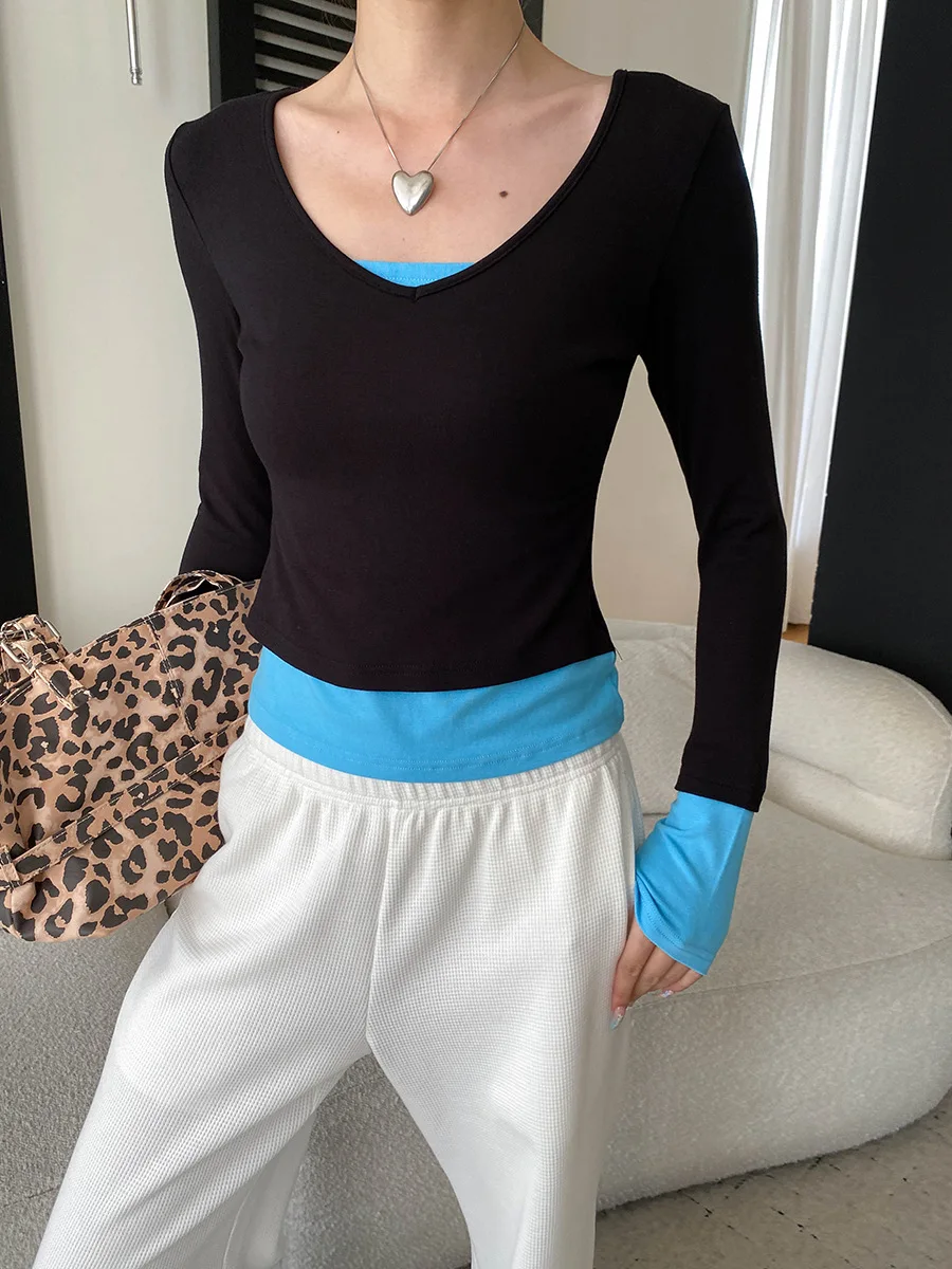 Autumn women's casual vacation two-piece contrasting splicing large V-neck long sleeved slim fit T-shirt