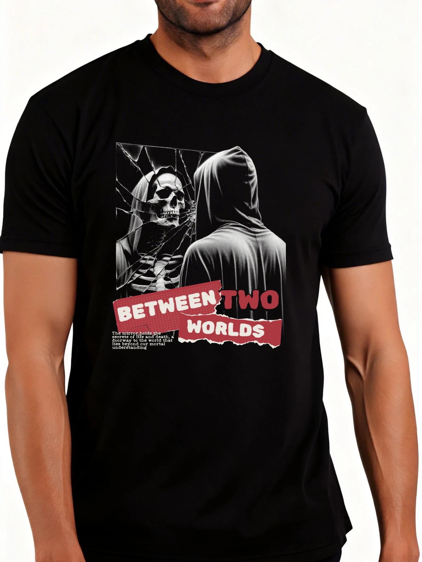 Graphic Design Men's T-Shirt, Horror-Themed Casual Wear between the Worlds, Suitable for Autumn and Winter, Perfect Gift for Fans of Dark Art and Mysticism.