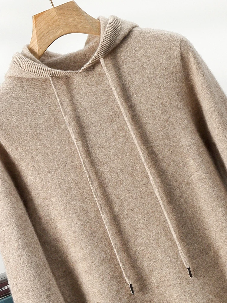 Autumn Winter Men's Sweater Loose Thicken Hooded Pullover 100% Cashmere Casual Knitwear Soft Single wear Fashion Priming Tops