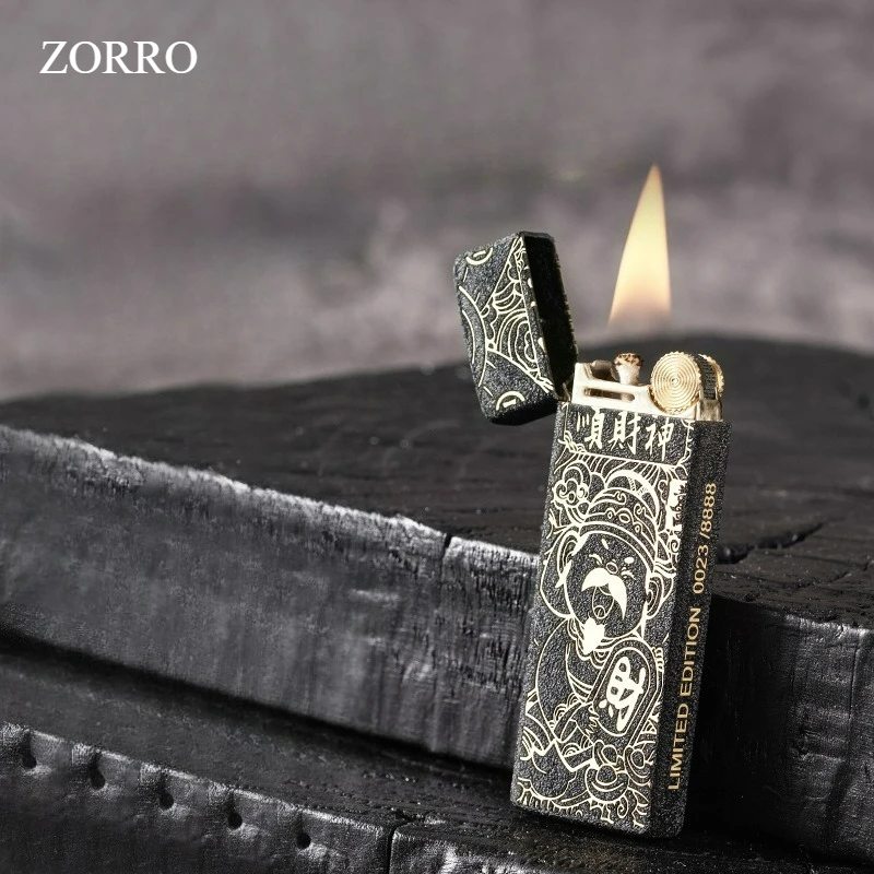 ZORRO Double sided Carved Ultra thin Kerosine Lighter Classic Grinding Wheel Ignition Windproof Compact Fuel Oil Lighters Gifts