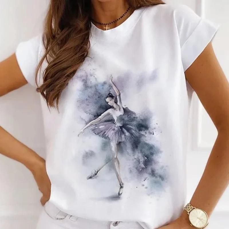 Stylowa afrykańska damska akwarela baleriny dziewczyna kreskówka koszulka z krótkim rękawem letnie topy ubrania w stylu vintage koszulka oversize — zdjęcie 5