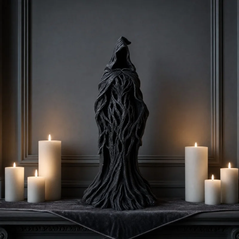 30cm Resin Witch in Black Robe Figurine Mysterious Gothic Halloween Witch Statue Spooky Tabletop Bookshelf Festival Decor