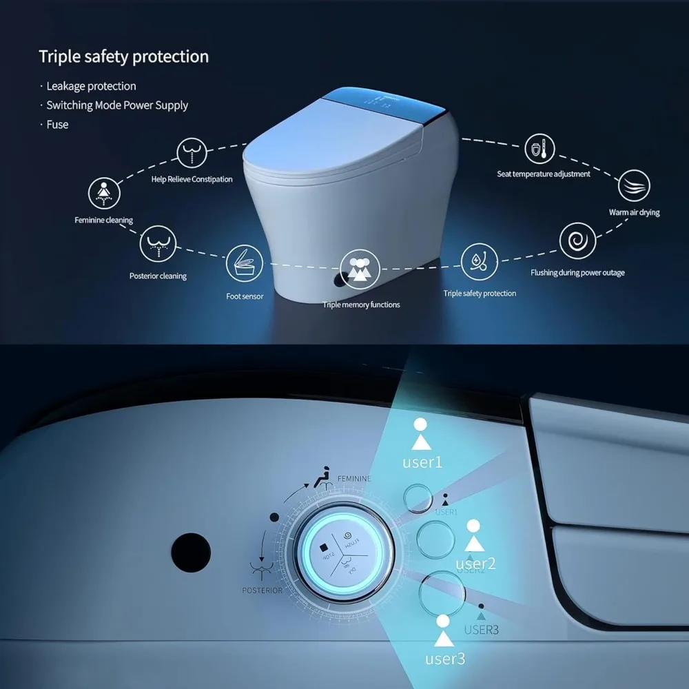 Luxury Dual Flush Smart Toilet Bidet - Auto Open/Close Lid, Instant Heated Seat and Warm Water, Adjustable Water Pressure