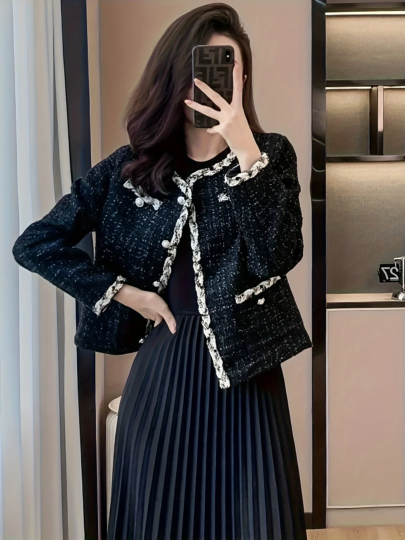 Women Black Tweed Jacket Pearl Buttons Contrast Trim Elegant Short Blazer Coat 25151