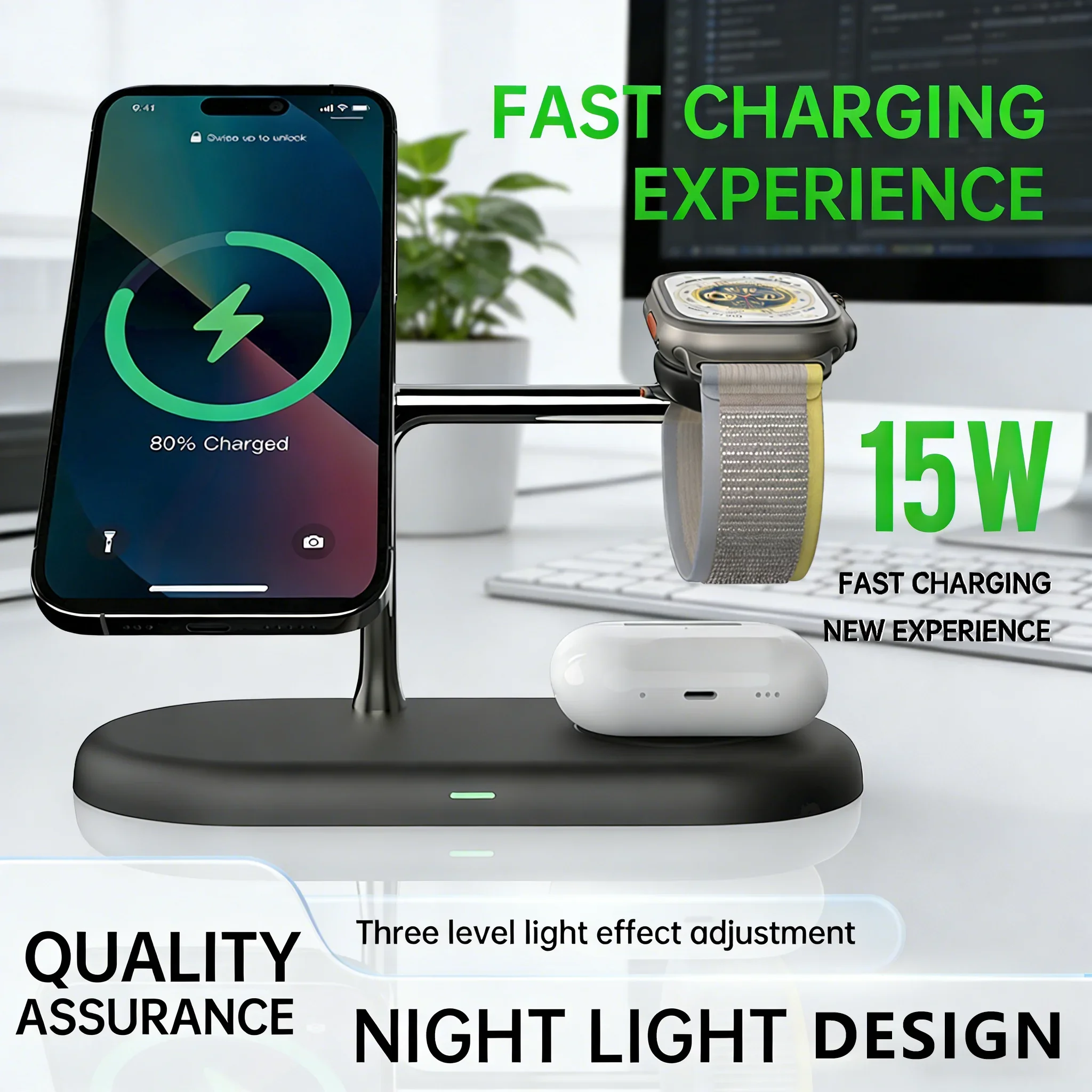 3 IN 1 Wireless Charger For iPhone17 16 15 14 PRO MAX Night Light Charging Station For Apple Watch Series10-1 For Airpods Pro