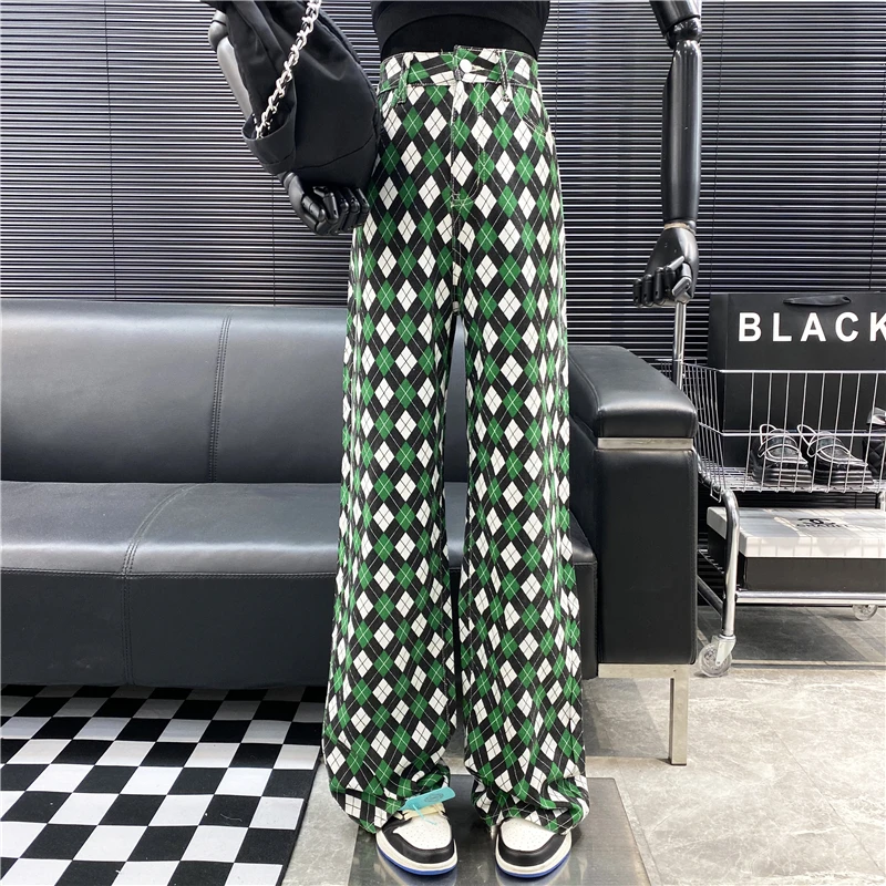 New Brand Original Design2022Contrast Diamond Check High Waist And Wide Leg Jeans Fried Street Fashion Loose Straight Dad Pants