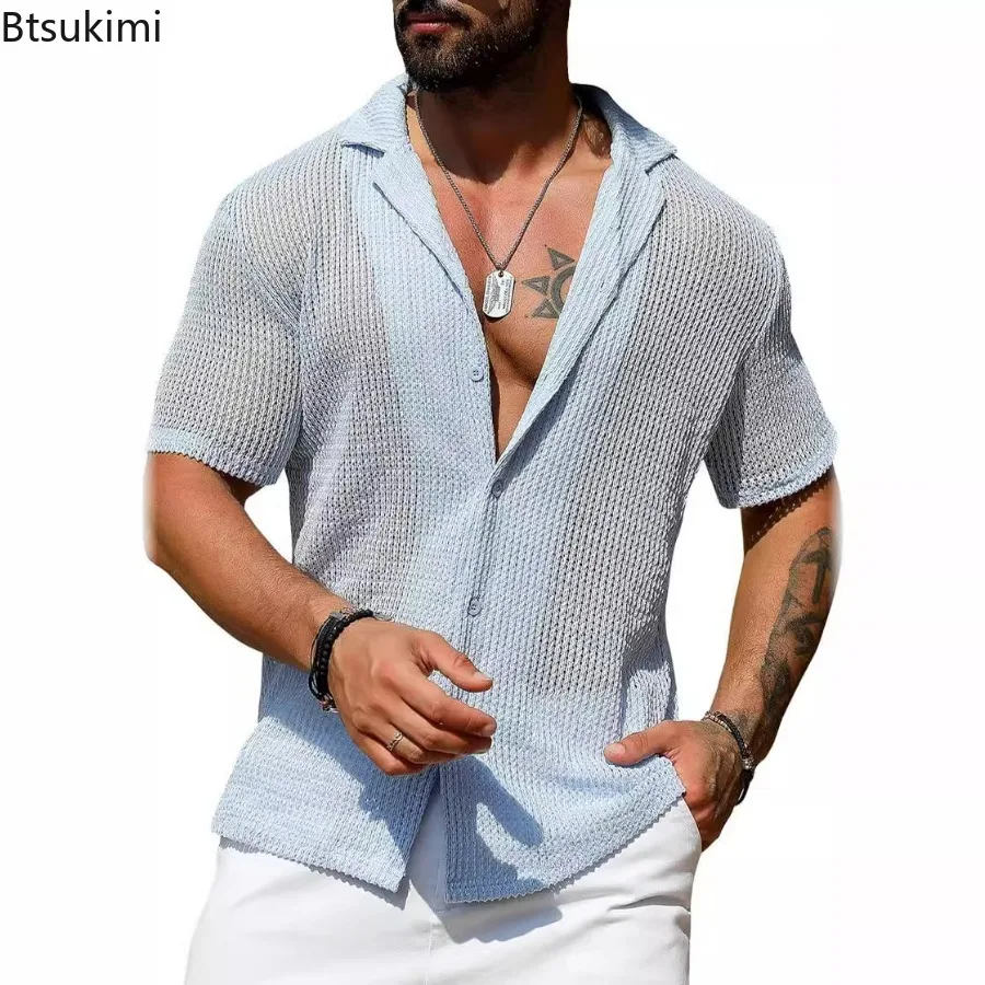 Summer Cool Breathable Knitted Shirts for Men Fashion Hollow Short Sleeve Button Lapel Cardigan Tops Men's Knit Solid Polo Shirt
