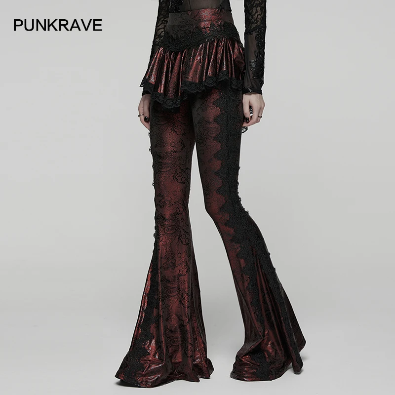 PUNK RAVE Women's Gothic Gorgeous Shirred Delicate Lace Trims Modify Leg Shape Flared Skirt Pants Club Trousers Spring/Autumn