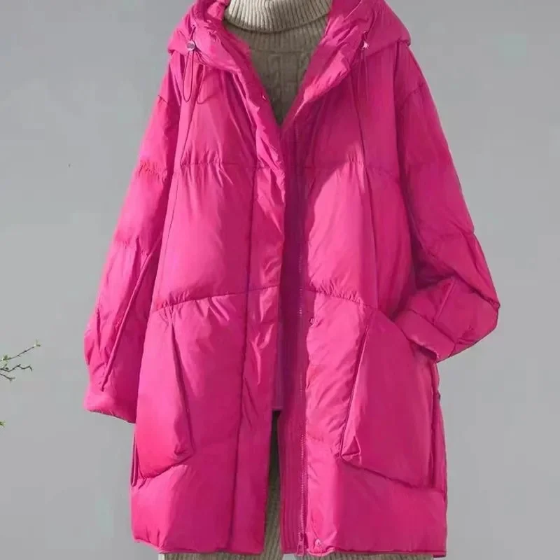 Autumn Winter Femme Medium Length Down Cotton Coat 2025 Women Long Sleeves Parkas Tops Retro Ladies Hooded Cotton Padded Jacket