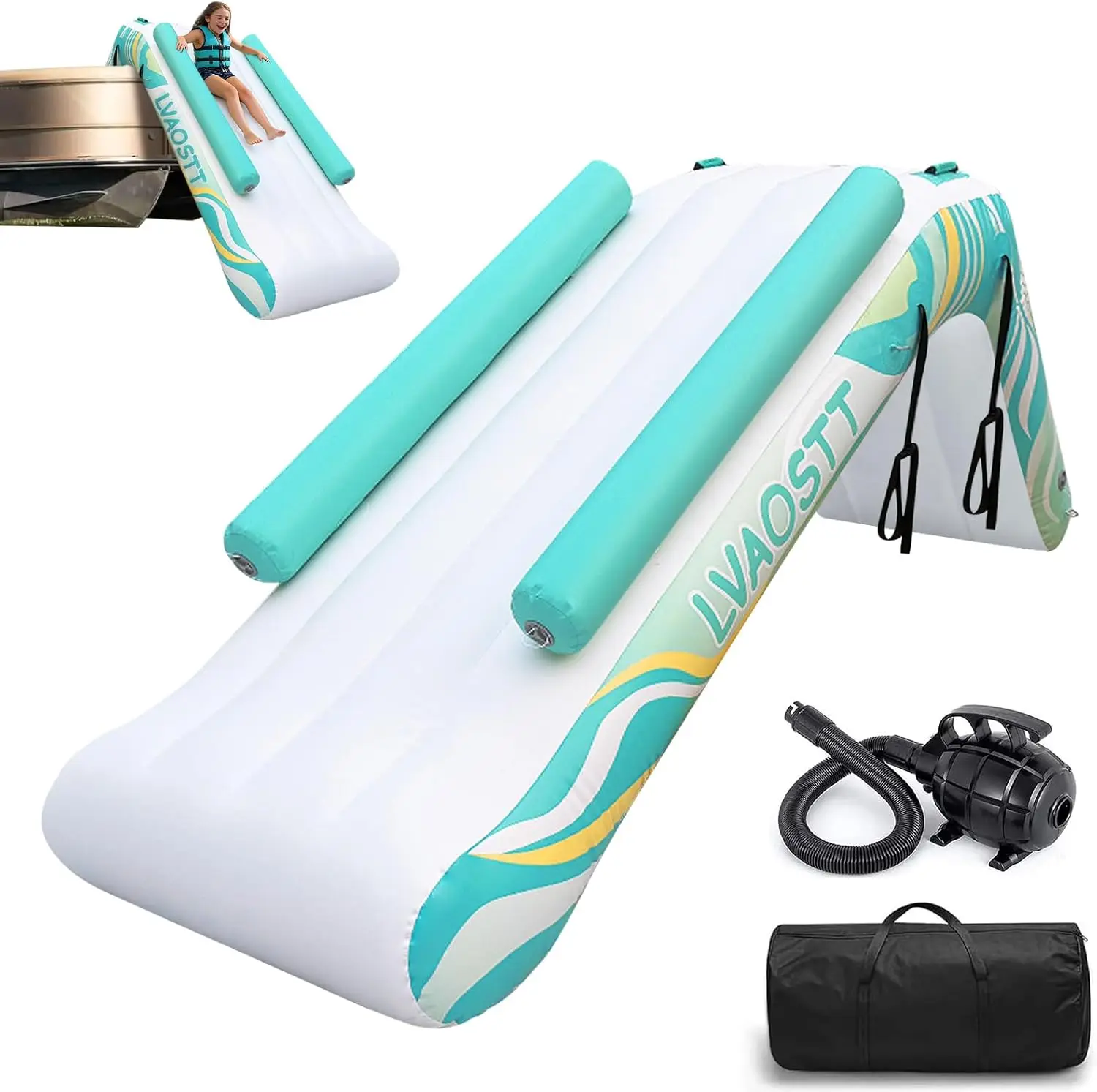 

Inflatable Pontoon Waterfall Slide for Adults & Teens, Heavy Duty Boat Waterfall Water Slide with Air Pump, Portable Summer Lake