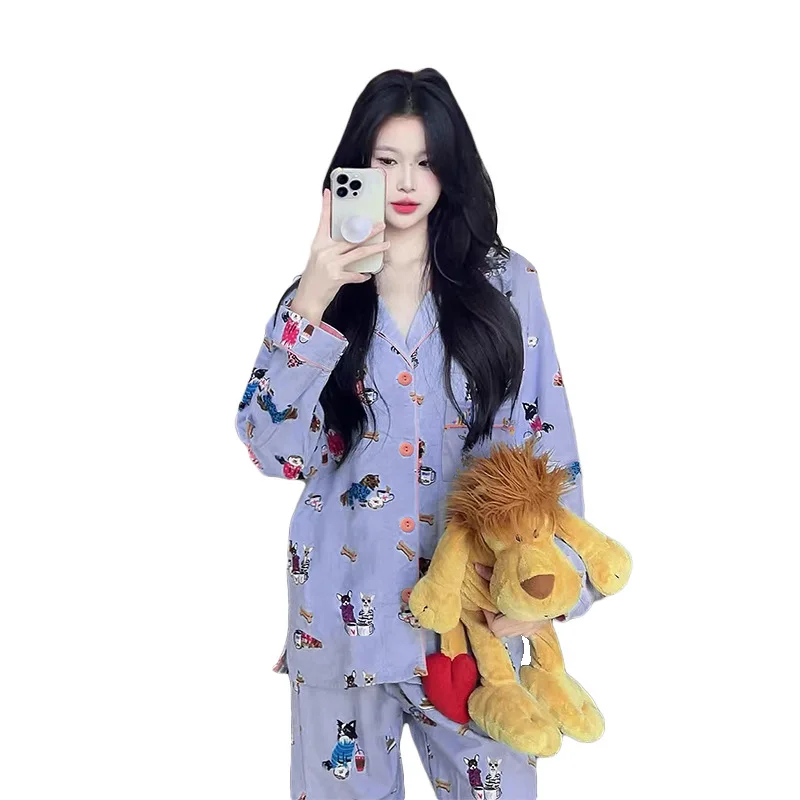 Cartoon Puppy Printing Kawaii Pajamas Spring and Summer Long-sleeved Trousers and Loose Lapels Korean Hot Sale Fashion Sleepwear