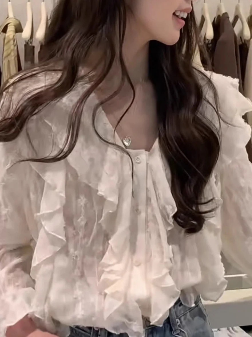 

Ele Sweet Spring Lace Embroidery Bell Sve Long irt Women's Faion Korean Sle Loose Fit Cardigan Pure Color