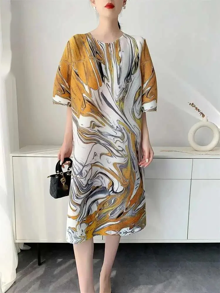 Pleated Summer Printting Dress For Women 2025 New Loose Causal Round Collar Half Sleeve Knee Length Dresses Chic 2UE9V