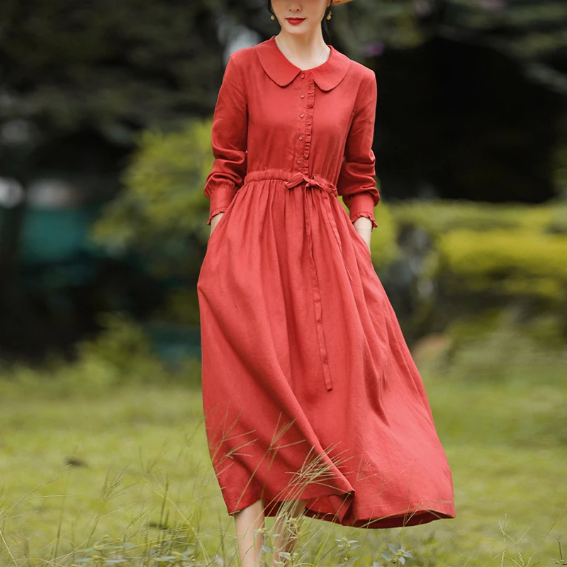 

High Quality 100% Linen Women Elegant Long Dress New 2026 Spring European Style Peter Pan Collar Ladies A-line Dresses M2756