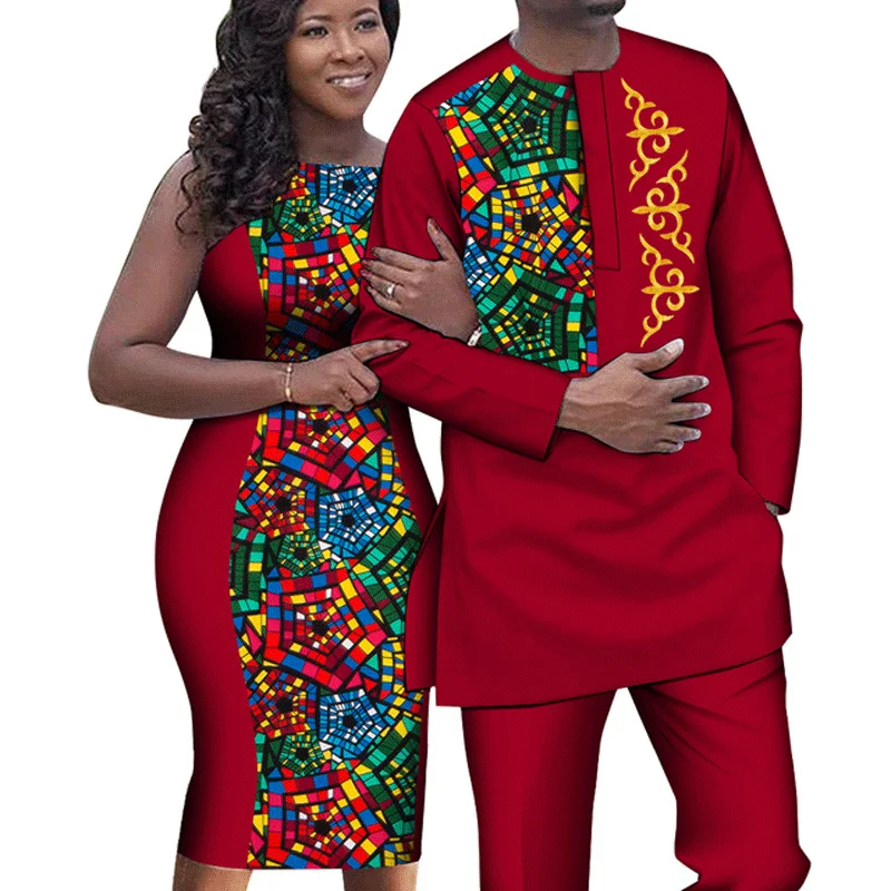 

New African Dresses for Women Match Bazin Lover Couple Clothes Print Mermaid Evening Dresses Men Outfits Shirt and Pant Sets