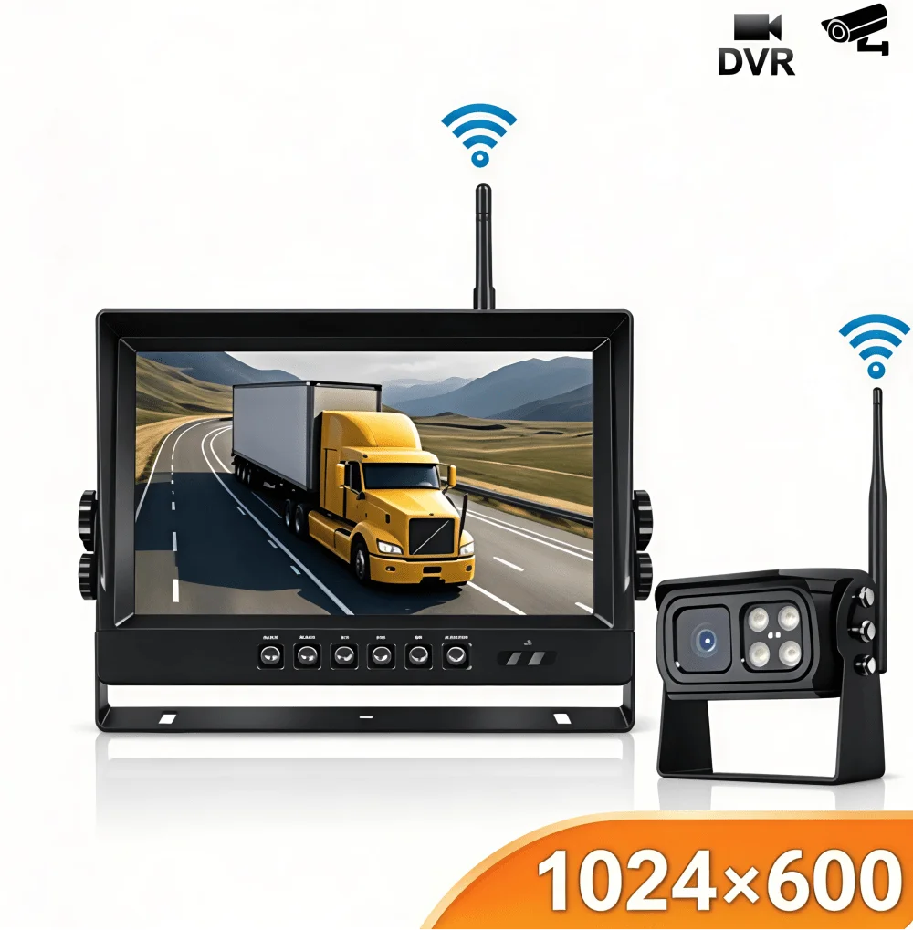 12-24V，IPS Display，9 Inch 4CH Wireless Truck Rear View Monitoring System，DVR Night Vision Backup Camera for Large Vehicles