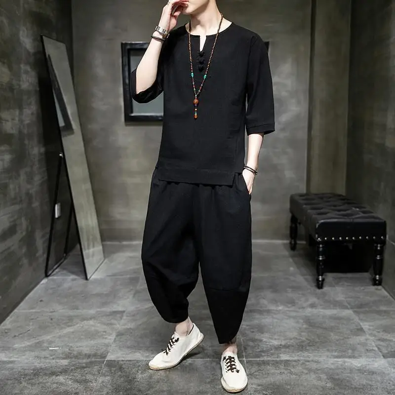 Summer Men's Linen 7/8 Sleeve T-Shirt Two-Piece Set Cotton-Linen Casual Sportswear Trendy Brand Youth Nine-Piece Pants