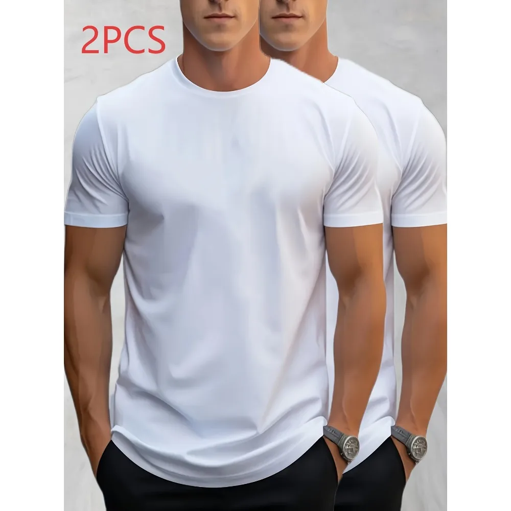 Men's Solid Color Short Sleeved 2-piece Set, Casual, Sports, Fitness, Cycling T-shirt, Breathable, Comfortable and Not Deformed