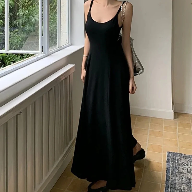 Y2K Sexy Low Collar Spaghetti Strap Dress Women Casual Slim Gray Long Beach Dresses Female Solid Elegant Sleeveless Sundress