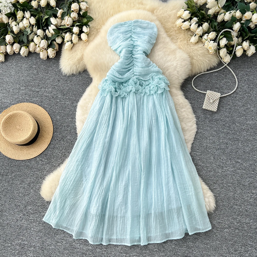 Chic vintage pleated mesh Ruched Elegant dress Fairy korean fashion Boho Sundress women clothing