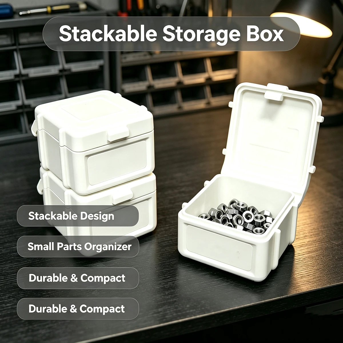 Stackable Small Parts Storage Box, Flip-Top Snap-On Screw and Nut Storage Box, Desktop Hardware Small Parts Sorting and Organizing Box