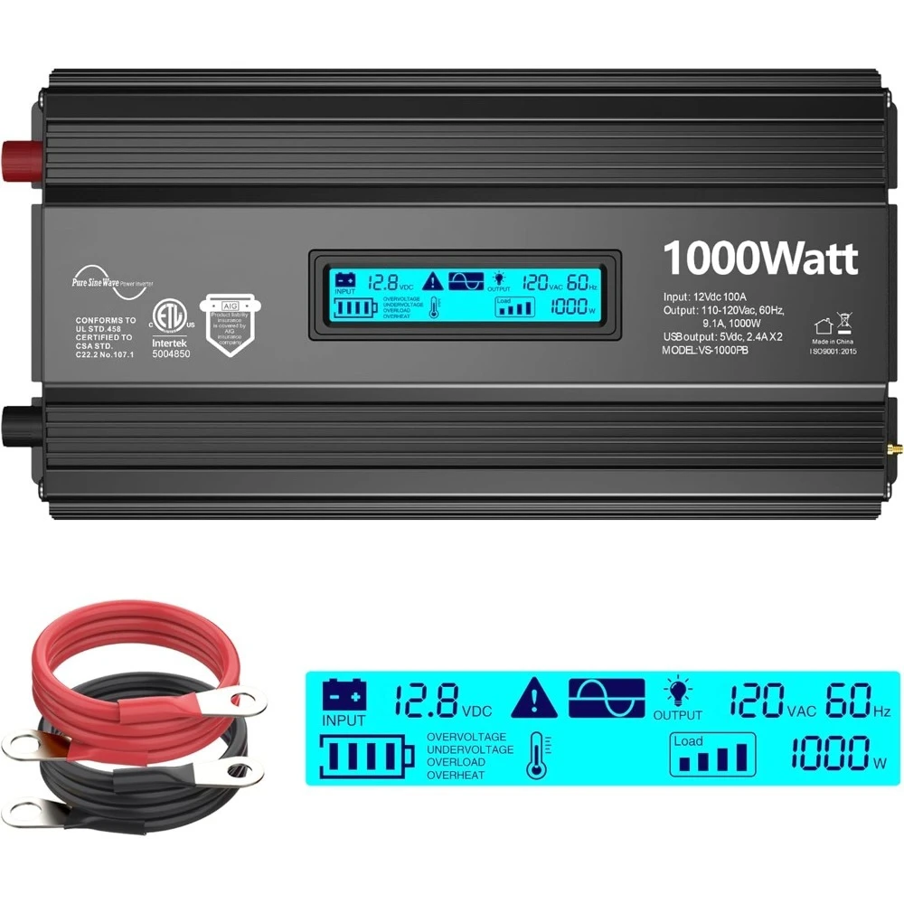 

1000 Watt Pure Sine Wave Power Inverter ETL UL458 12V DC to 110V 120V AC 1000W for Home RV Truck Off-Grid Solar Compatible