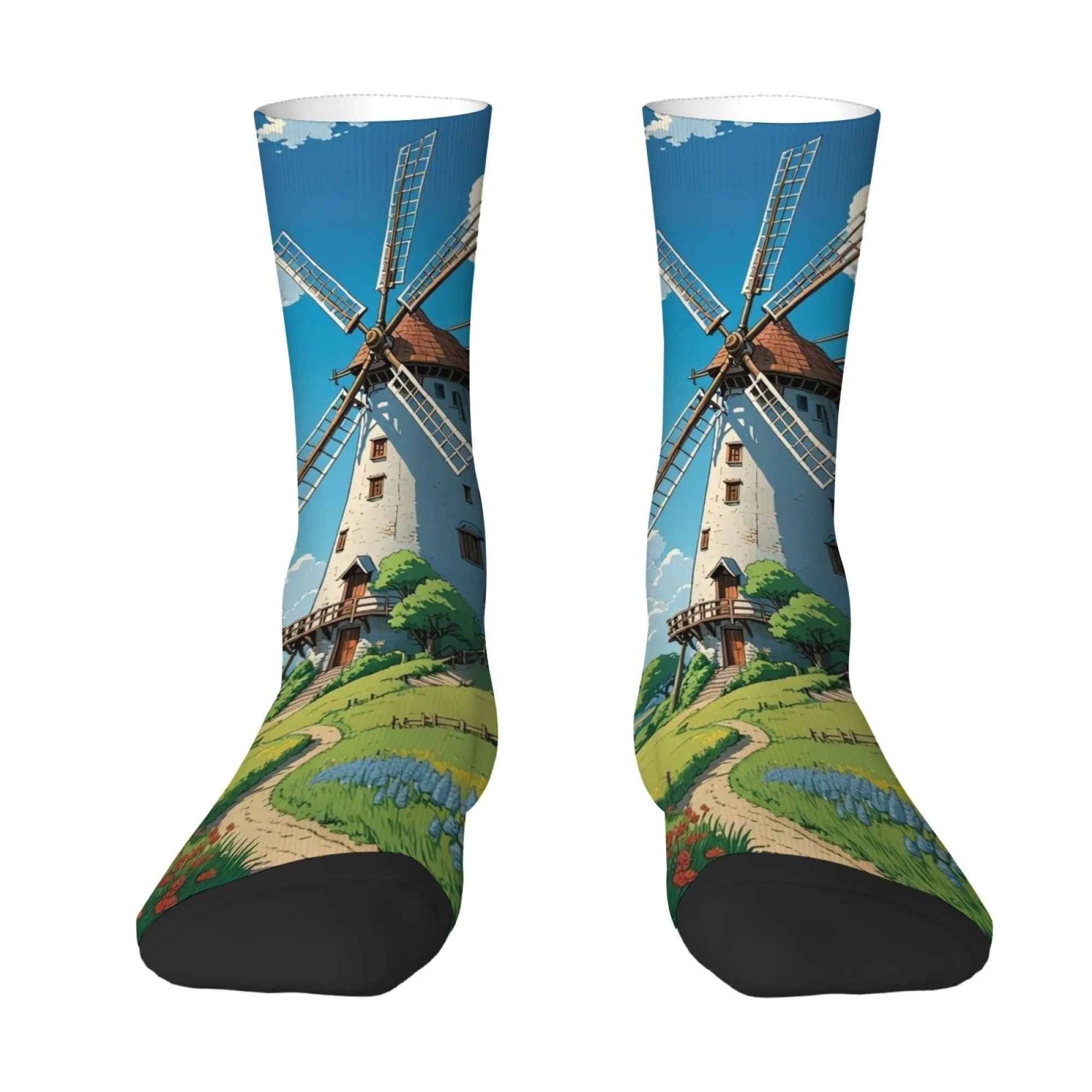 Fairytale Pastoral Windmill Cartoon Print Socks Harajuku Style Casual Fashion Men's Socks Novelty Funny Happy Hip-Hop Socks Gift