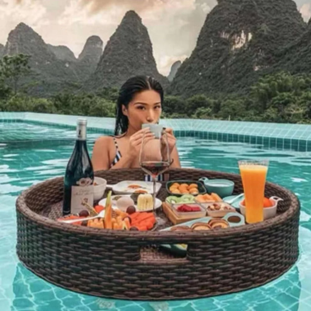 Floating Pool Tray Rattan Woven Serving Tray for Swimming Pools Hot Tubs & Beach Parties Floating Table for Drinks