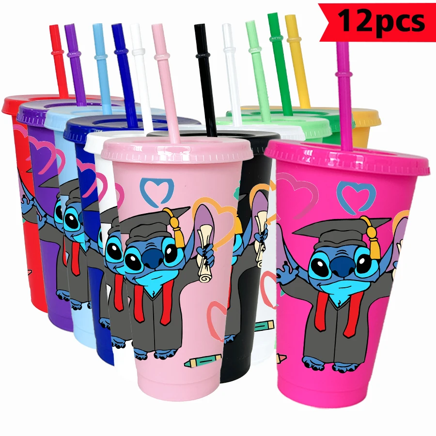 

12 шт./упак. Disney Stitch Выпускной 26 унций цветной пластиковый стакан для дня рождения, питьевая посуда, кружка для сока, кофе