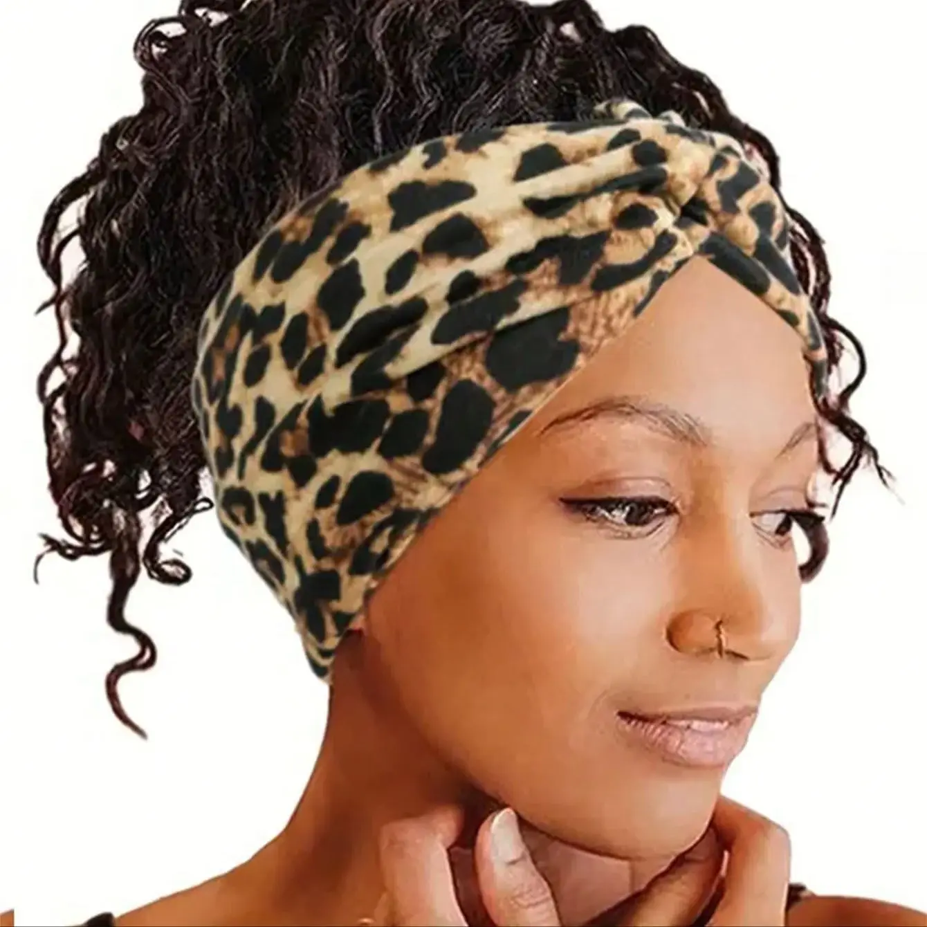 1 peça faixa de cabelo extra larga feminina, estampa de leopardo cruz larga elástica acessório de cabelo capa de cabeça, lenço atado-estilo faixa de cabelo