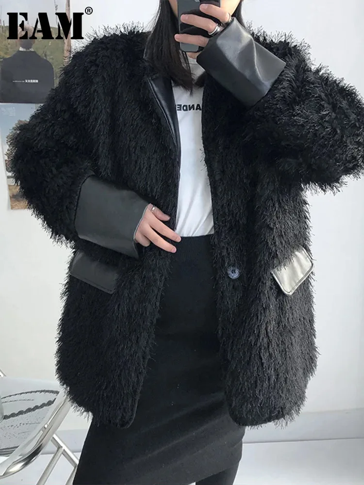 

[EAM] Loose Fit Black Tassels Big Size Thick Jacket New Lapel Long Sleeve Women Coat Fashion Tide Spring Autumn 2024 1DF1482