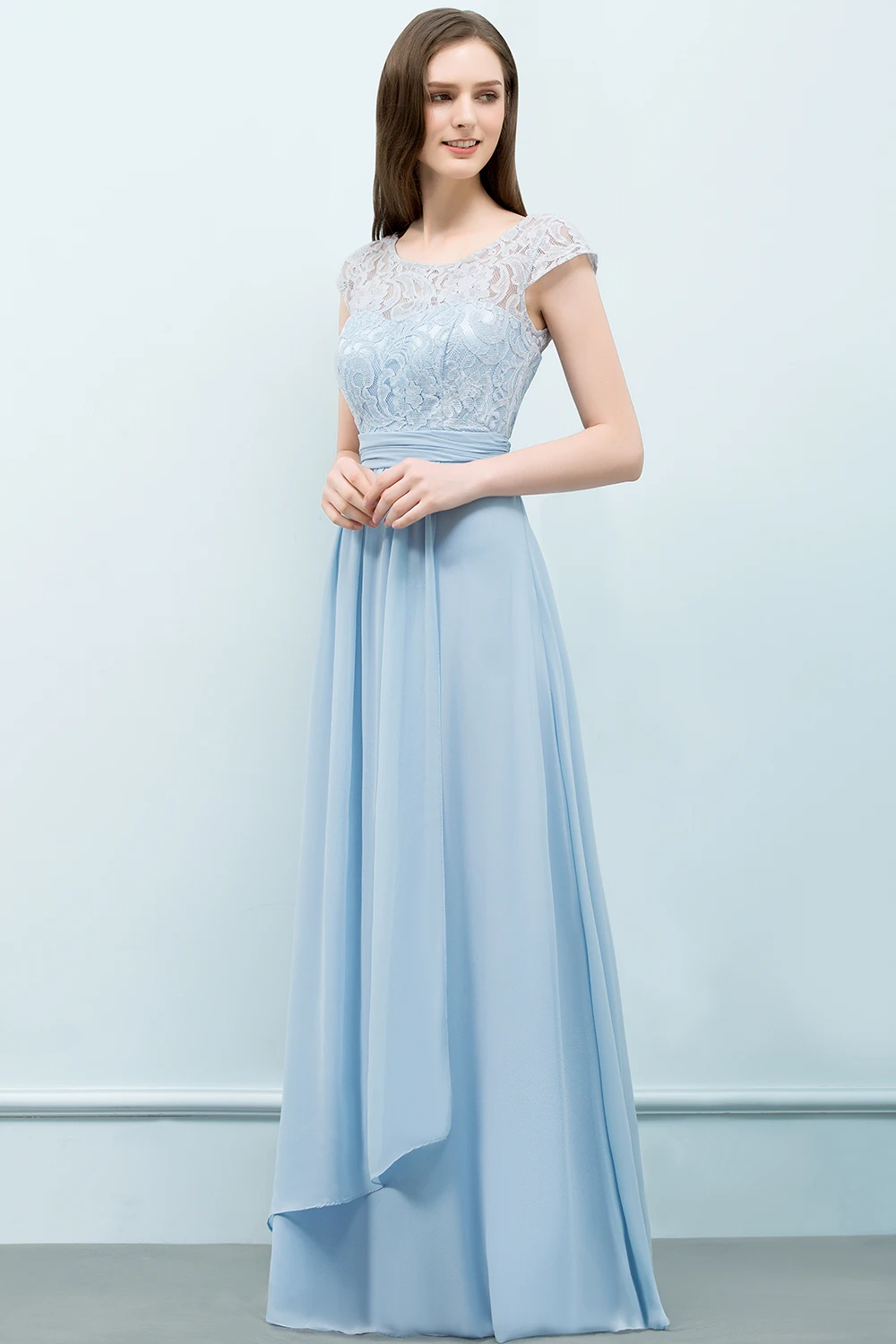 BABYONLINE Boho Bridesmaid Dress Sweetheart Bodice and Lace Overlay A Scoop Front Illusion-Neck Maxi Chiffon Skirt Wedding Gown